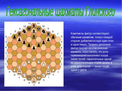 Комплекты фигур соответствуют обычным шахматам, только каждой стороне добавля...