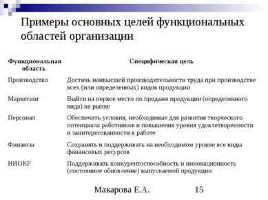 Примеры основных целей функциональных областей организации Макарова Е.А.