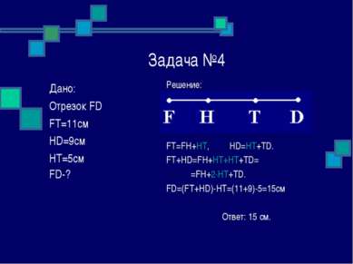 Задача №4 Решение: FT=FH+HT, HD=HT+TD. FT+HD=FH+HT+HT+TD= =FH+2∙HT+TD. FD=(FT...