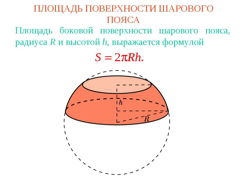 С пов шара. Площадь поверхности сферического пояса. Площадь поверхности шарового пояса. Площадь поверхности полушара формула. Шаровой слой формула.