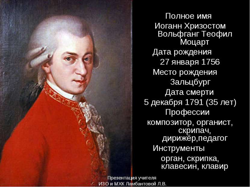 Полное имя Иоганн Хризостом Вольфганг Теофил Моцарт Дата рождения 27 января 1...