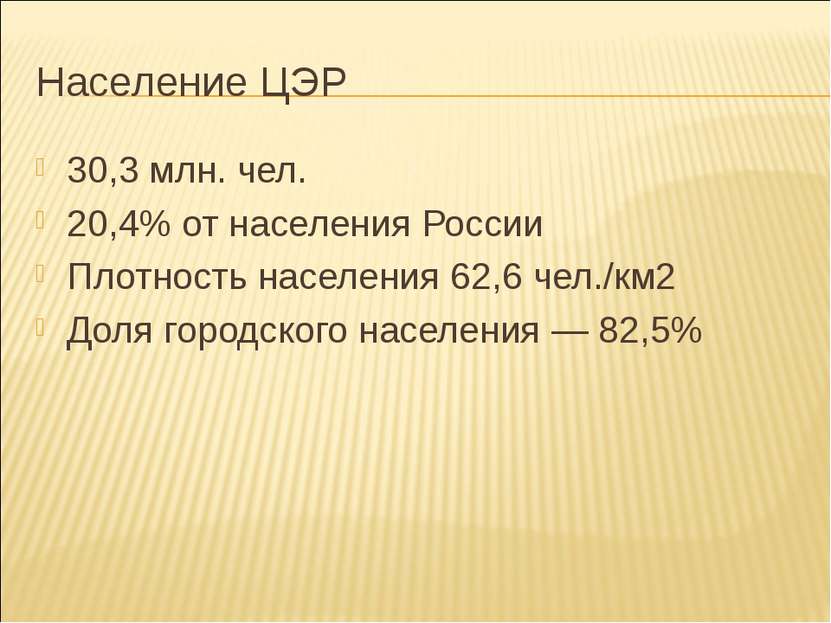 Население ЦЭР 30,3 млн. чел. 20,4% от населения России Плотность населения 62...