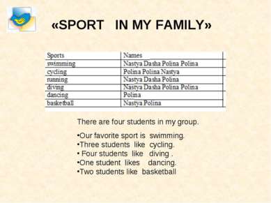 «SPORT IN MY FAMILY» There are four students in my group. Our favorite sport ...