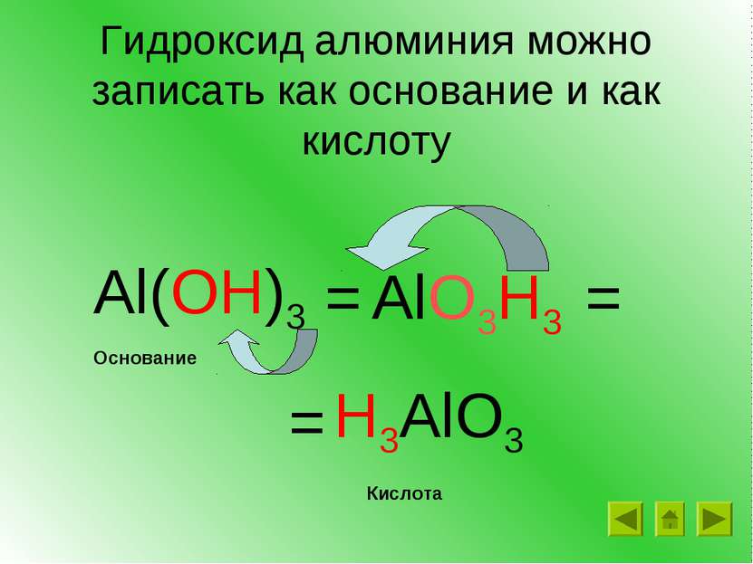 Гидроксид алюминия можно записать как основание и как кислоту Al(OH)3 = H3AlO...