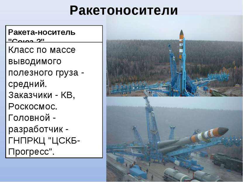 Ракета-носитель "Союз-2" Класс по массе выводимого полезного груза - средний....