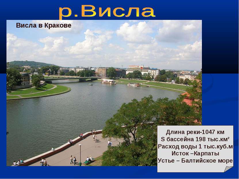 Висла в Кракове Длина реки-1047 км S бассейна 198 тыс.км² Расход воды 1 тыс.к...