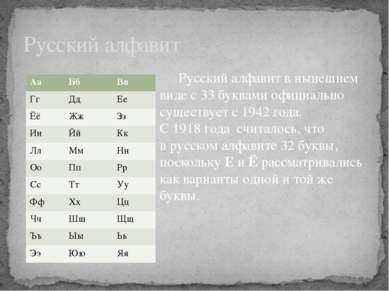 Русский алфавит в нынешнем виде с 33 буквами официально существует с 1942 год...