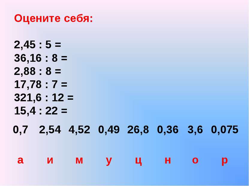 Оцените себя: 2,45 : 5 = 36,16 : 8 = 2,88 : 8 = 17,78 : 7 = 321,6 : 12 = 15,4...