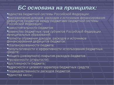 БС основана на принципах: единства бюджетной системы Российской Федерации; ра...