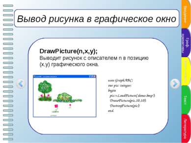 Вывод рисунка в графическое окно DrawPicture(n,x,y); Выводит рисунок с описат...