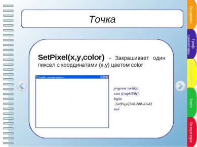Точка SetPixel(x,y,color) - Закрашивает один пиксел с координатами (x,y) цвет...