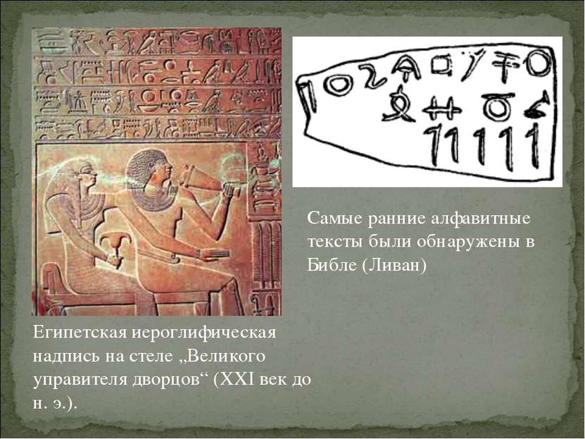 Самые ранние алфавитные тексты были обнаружены в Библе (Ливан) Египетская иер...
