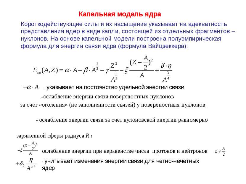 Капельная модель ядра Короткодействующие силы и их насыщение указывает на аде...