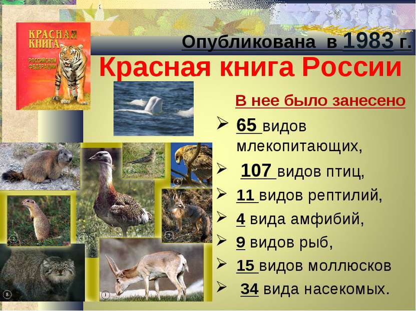 Красная книга России В нее было занесено  65 видов млекопитающих, 107 видов п...
