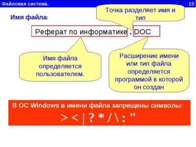 Файловая система. 10 Имя файла: Реферат по информатике . DOC Имя файла опреде...