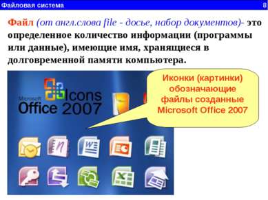 Файловая система 8 Файл (от англ.слова file - досье, набор документов)- это о...