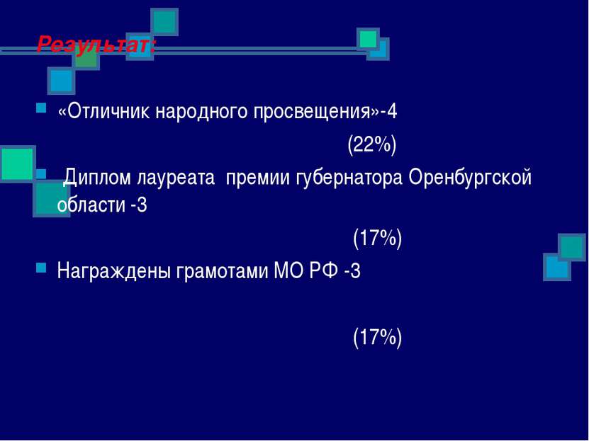 Результат: «Отличник народного просвещения»-4 (22%) Диплом лауреата премии гу...