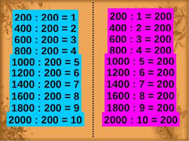 200 : 200 = 1 200 : 1 = 200 400 : 200 = 2 600 : 200 = 3 800 : 200 = 4 1200 : ...