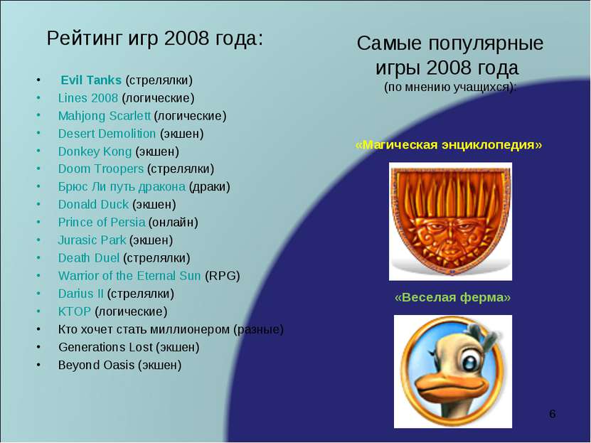 Рейтинг игр 2008 года: Evil Tanks (стрелялки) Lines 2008 (логические) Mahjong...