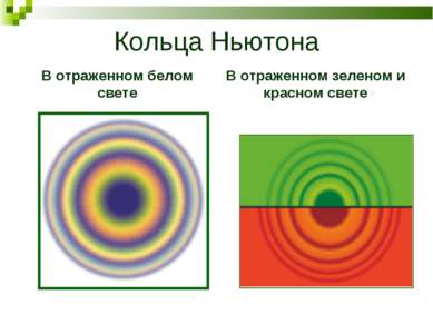 Кольца Ньютона В отраженном белом свете В отраженном зеленом и красном свете