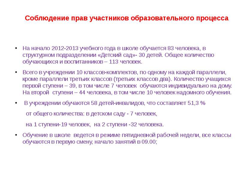 Соблюдение прав участников образовательного процесса На начало 2012-2013 учеб...