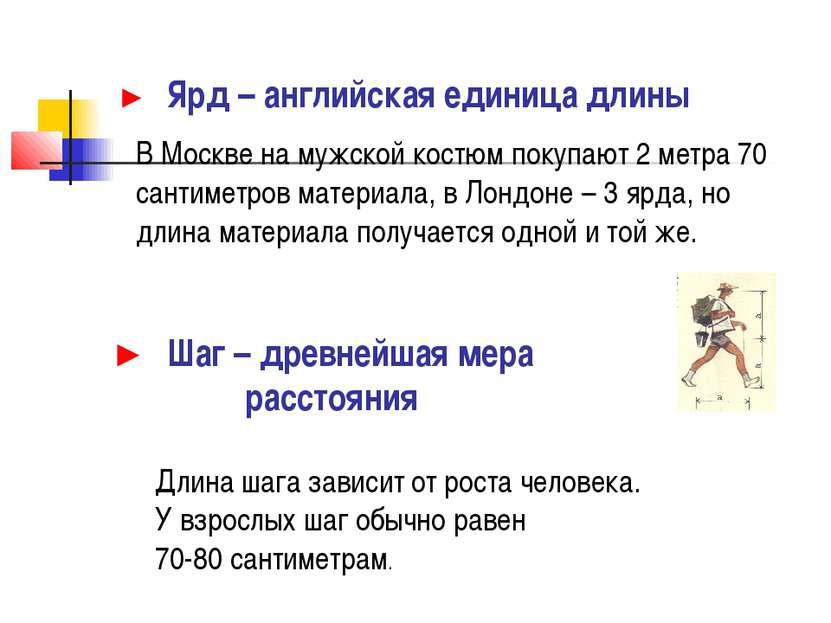 ► Ярд – английская единица длины В Москве на мужской костюм покупают 2 метра ...