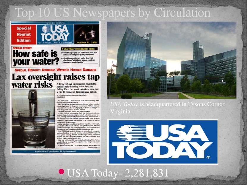 USA Today- 2,281,831 Top 10 US Newspapers by Circulation USA Today is headqua...