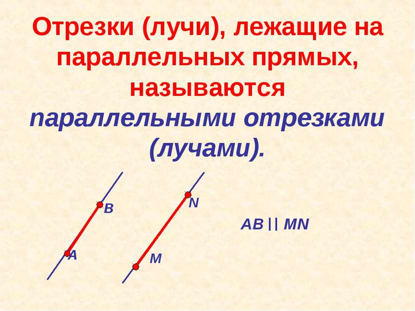 Отрезки (лучи), лежащие на параллельных прямых, называются параллельными отре...