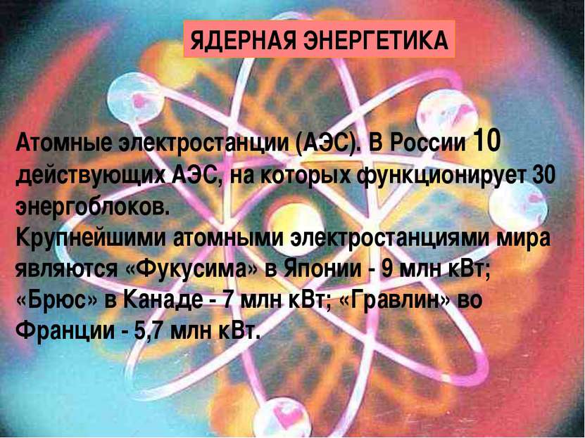 ЯДЕРНАЯ ЭНЕРГЕТИКА Атомные электростанции (АЭС). В России 10 действующих АЭС,...