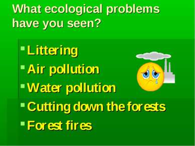 What ecological problems have you seen? Littering Air pollution Water polluti...