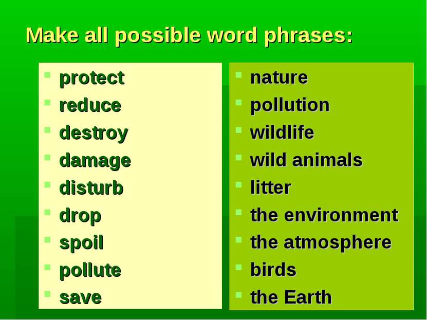 Make all possible word phrases: protect reduce destroy damage disturb drop sp...