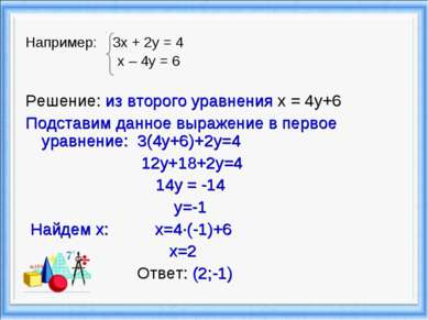 Например: 3х + 2у = 4 х – 4у = 6 Решение: из второго уравнения x = 4y+6 Подст...