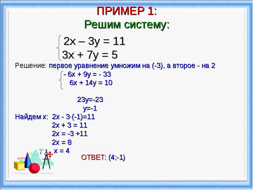ПРИМЕР 1: Решим систему: 2х – 3у = 11 3х + 7у = 5 Решение: первое уравнение у...