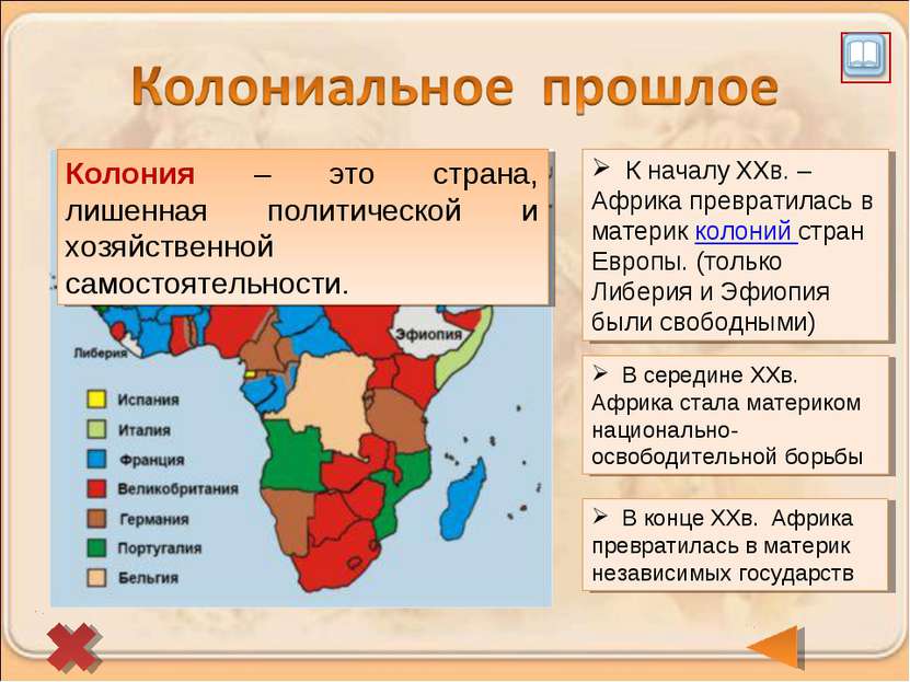 К началу XXв. – Африка превратилась в материк колоний стран Европы. (только Л...