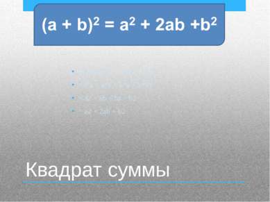 Квадрат суммы (a + b)2 =(a + b) (a + b)= =a*a + a*b + b*a + b*b= = a2 + ab + ...