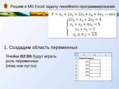 Решим в MS Excel задачу линейного программирования 1. Создадим область переме...