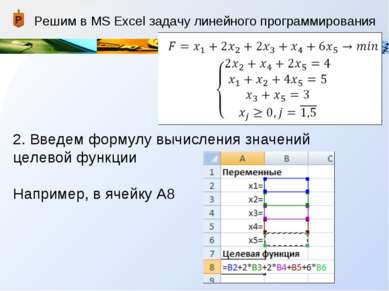 Решим в MS Excel задачу линейного программирования 2. Введем формулу вычислен...