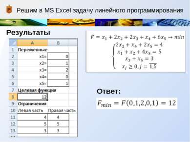 Решим в MS Excel задачу линейного программирования Результаты Ответ: