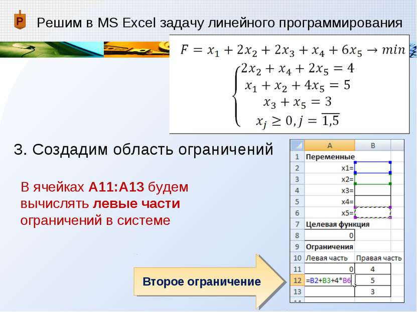 Решим в MS Excel задачу линейного программирования 3. Создадим область ограни...