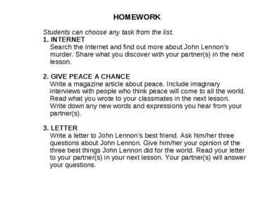 HOMEWORK Students can choose any task from the list. 1. INTERNET Search the I...