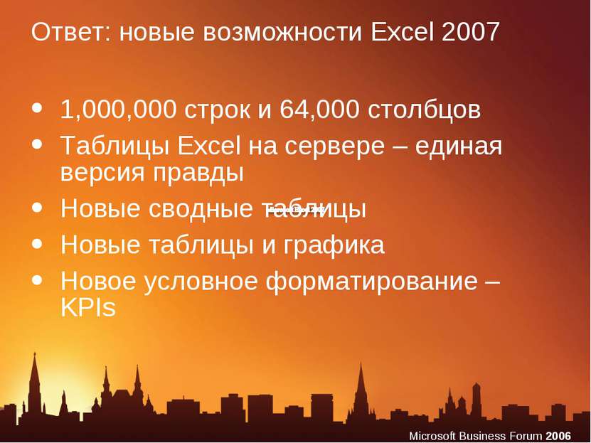 Ответ: новые возможности Excel 2007 1,000,000 строк и 64,000 столбцов Таблицы...