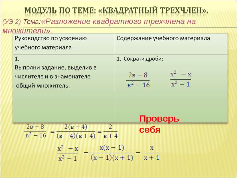 (УЭ 2) Тема:«Разложение квадратного трехчлена на множители». Проверь себя