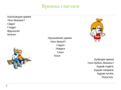 Времена глаголов Настоящее время Что делает? Сидит Глядит Мурлычет Кличет Про...