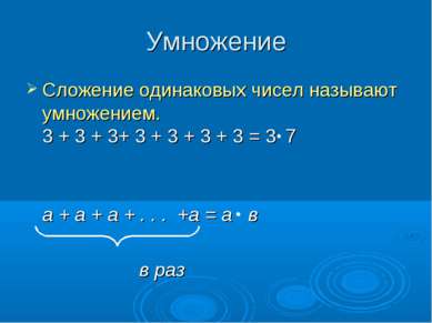 Умножение Сложение одинаковых чисел называют умножением. 3 + 3 + 3+ 3 + 3 + 3...
