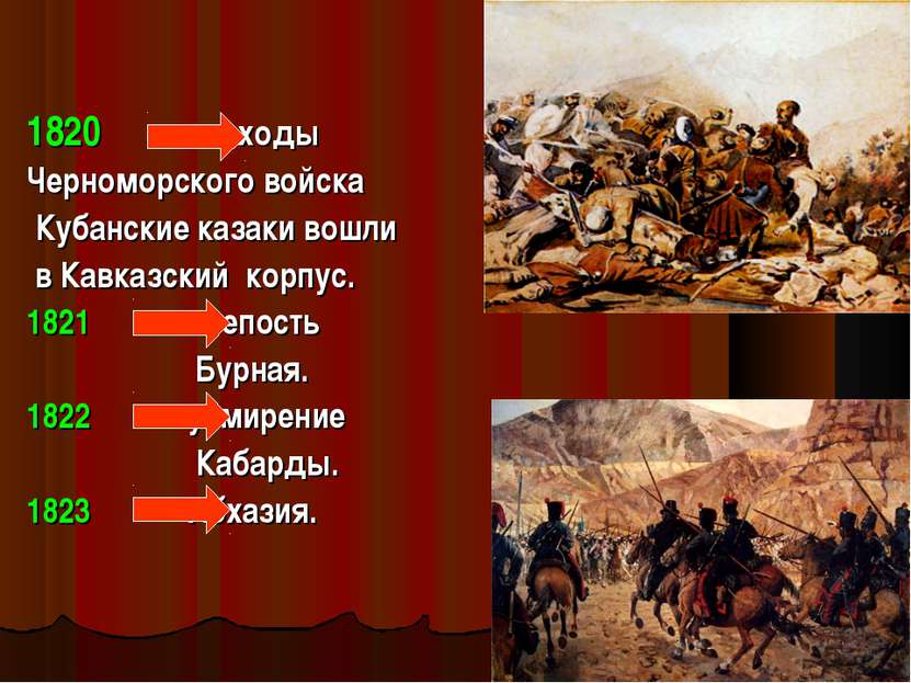 1820 походы Черноморского войска Кубанские казаки вошли в Кавказский корпус. ...