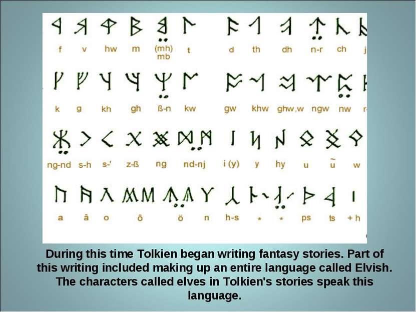 During this time Tolkien began writing fantasy stories. Part of this writing ...