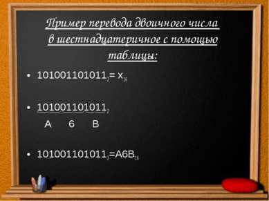 Пример перевода двоичного числа в шестнадцатеричное с помощью таблицы: 101001...