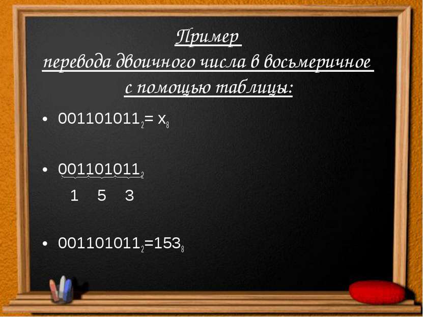 Пример перевода двоичного числа в восьмеричное с помощью таблицы: 0011010112=...