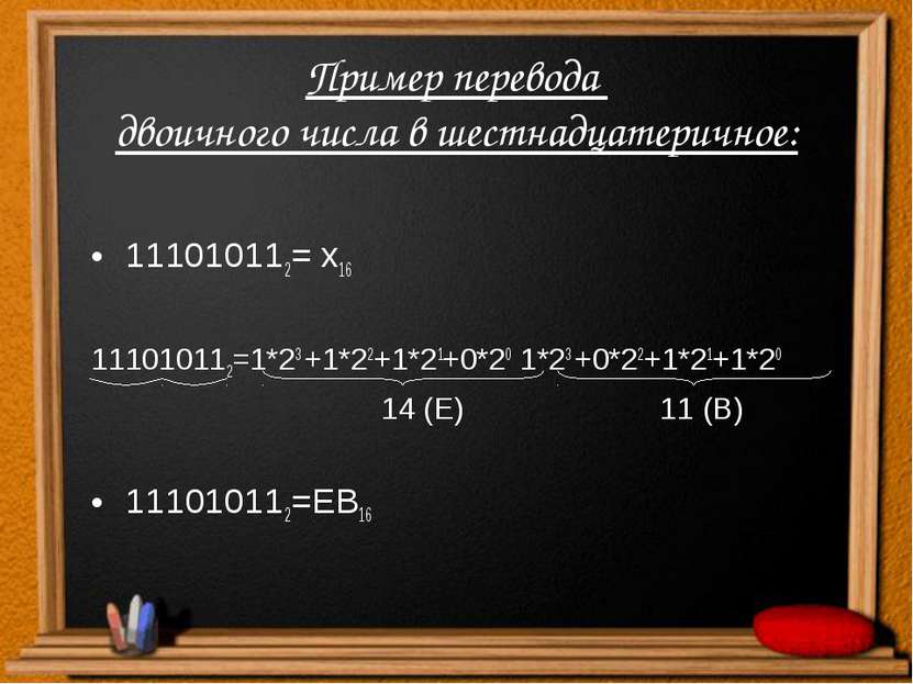Пример перевода двоичного числа в шестнадцатеричное: 111010112= х16 111010112...