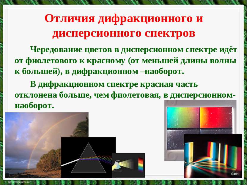 Отличия дифракционного и дисперсионного спектров Чередование цветов в дисперс...